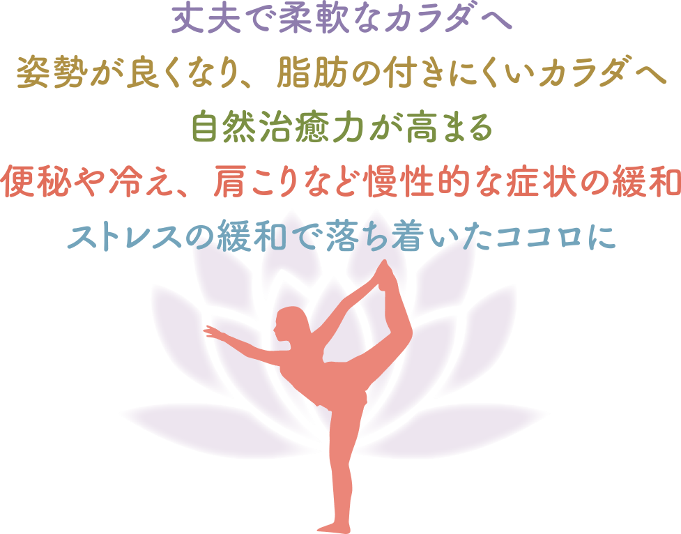 丈夫で柔軟なカラダへ 姿勢が良くなり、脂肪の付きにくいカラダへ 自然治癒力が高まる 便秘や冷え、肩こりなど慢性的な症状の緩和 ストレスの緩和で落ち着いたココロに